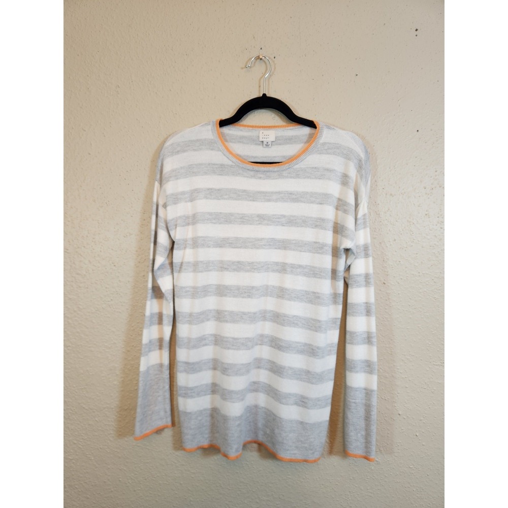 A New Day Womens M Grey White Striped Sweater Orange Trim Crew Neck Pullover